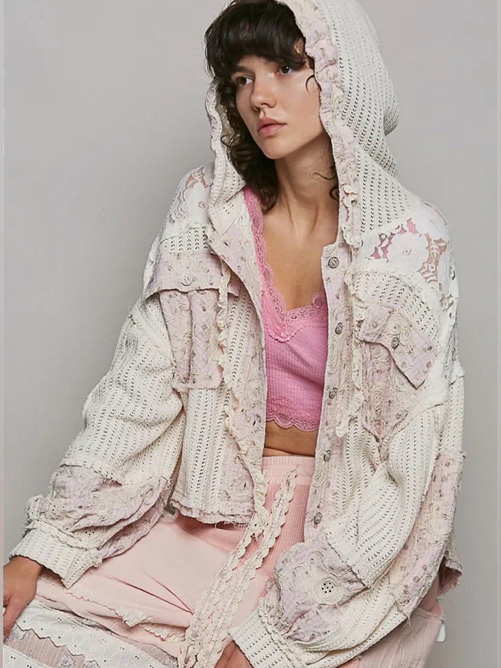 POL Romantic Lace Contrast Hooded Knit Jacket | Natural/Pink | SM144